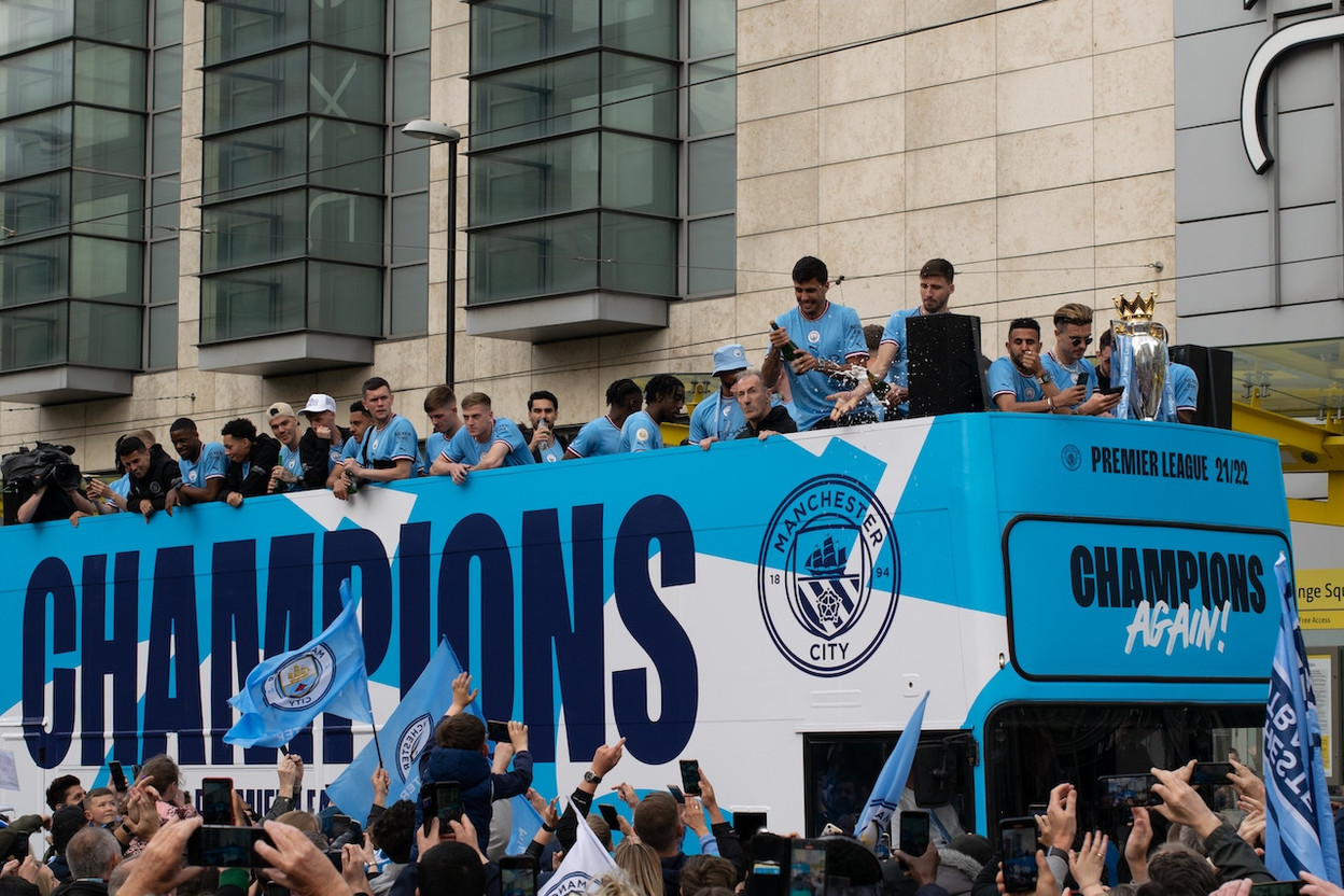 Manchester City parade the English Premier League trophy in May 2022. Like other EPL clubs, they have benefitted from broadcast revenue from Sky Sports which uses SES Astra satellites.  John B Hewitt/Shutterstock