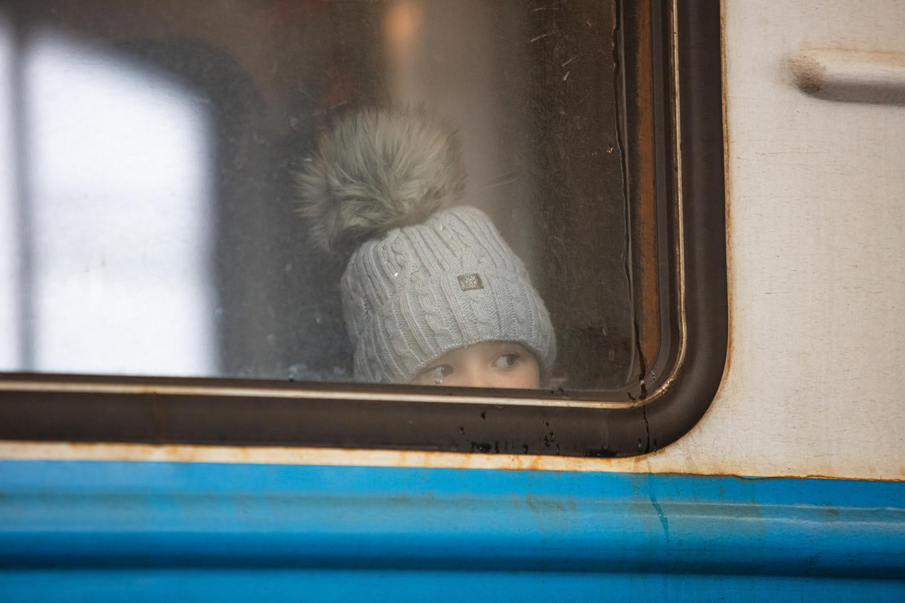 Lviv, Ukraine - March 7, 2022: Ukrainian refugees on Lviv railway station waiting for train to escape to Europe Copyright (c) 2022 Ruslan Lytvyn/Shutterstock.  No use without permission.