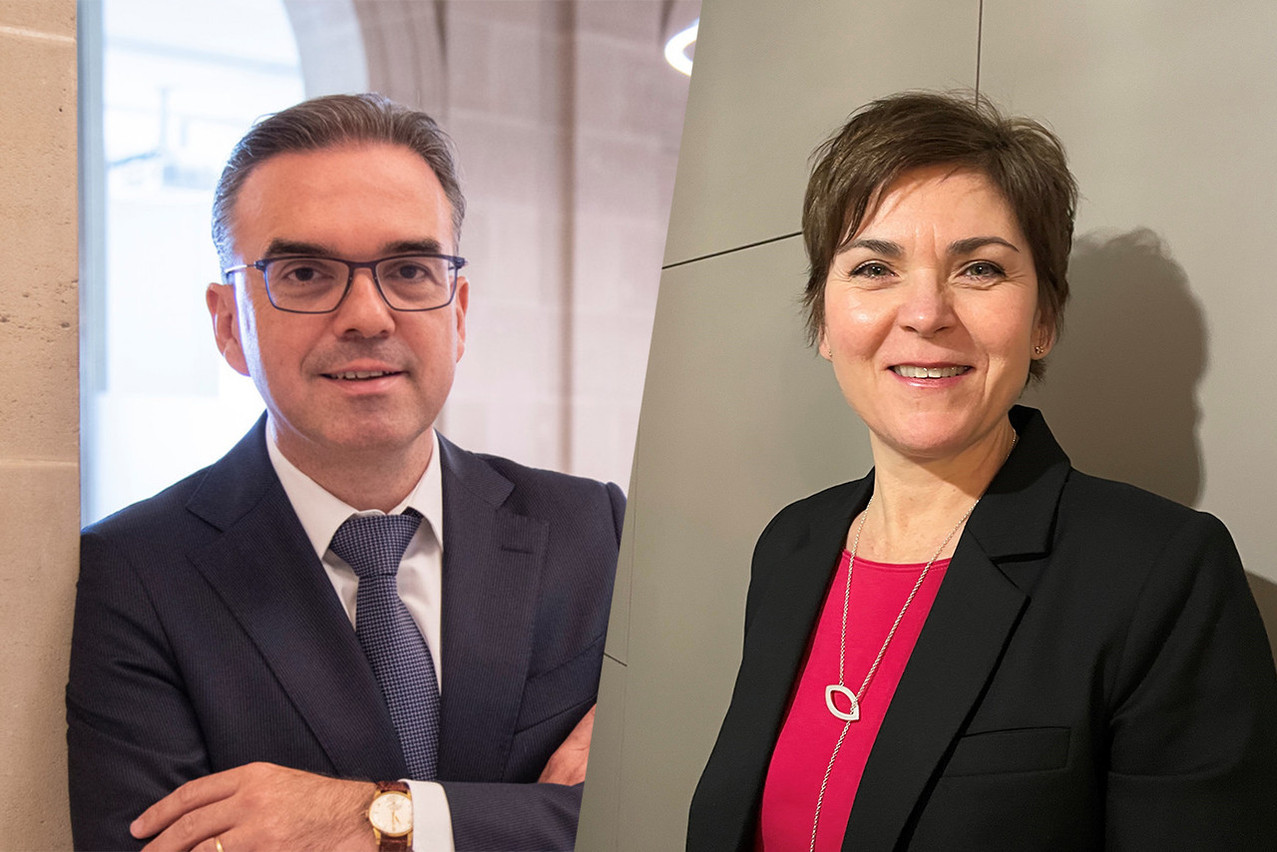 Claude Hirtzig is head of Spuerkeess’ retail & professional banking department; Anne-Françoise Woolf is head of the BGL BNP Paribas Banque Privée offering. Photos: Spuerkeess; BGL BBP Paribas. Montage: Maison Moderne