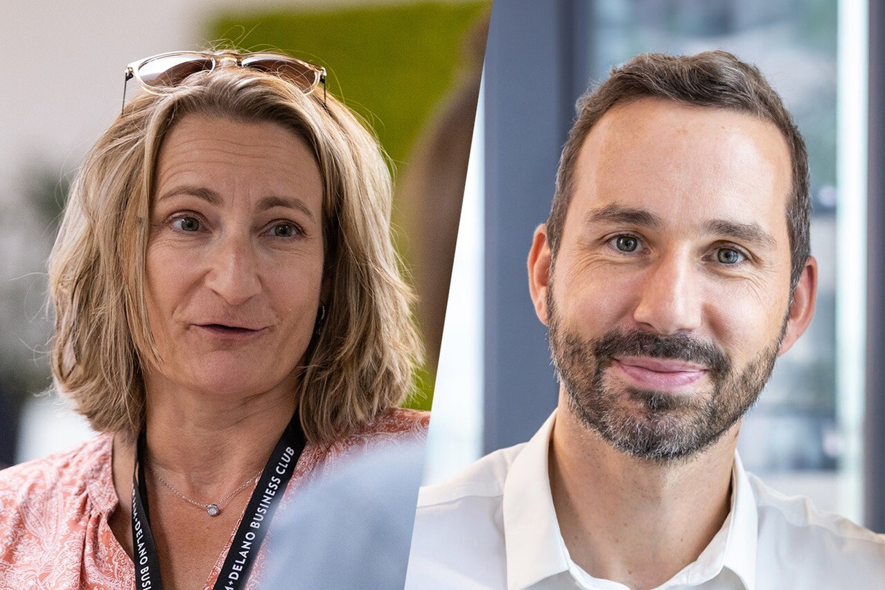 Sandra Schengen, head of HR & people management at Spuerkeess, and Pascal Cieslewicz, managing director of Securex Luxembourg, share their views on the latest trends in HR outsourcing. (Photo: Paperjam/Securex/Montage Paperjam, fond retouché par IA)