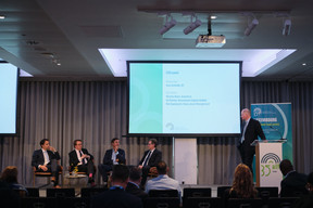 Jens Schmidt of EY (left), Ed Dymott of Benchmark Capital (second from left), seen speaking on the CEO panel at Alfi’s London conference, 19 October 2023. Photo: ALFI