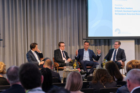 Nicolas Buck of Avanterra (third from left) and Rob Spanjaard of Rezco Asset Management (fourth from left), seen speaking on the CEO panel at Alfi’s London conference, 19 October 2023. Photo: ALFI