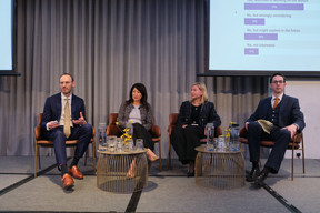 Alena Shchelokova, senior structuring professional at Partners Group (second from right), James Vincent, product strategist at Goldman Sachs Asset Management International (on right), during the “The democratisation of private assets: is the phenomenon here to stay?” panel at Alfi’s London conference, 19 October 2023 Photo: ALFI