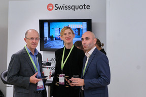 Dave Sparvell, Weronika Mojsiej and Nestor Verrier, all with Swissquote, seen at the Association of the Luxembourg Fund Industry’s London conference, 19 October 2023. Photo: ALFI