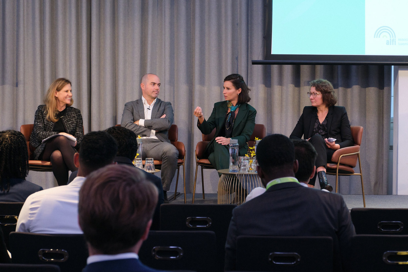 Maren Stadler-Tjan, partner at Clifford Chance (on left), Arthur Carabia, director of ESG policy research at Morningstar Sustainalytics, seen on “The ESG journey, where are we?” panel at Alfi’s London conference, 19 October 2023. Photo: ALFI