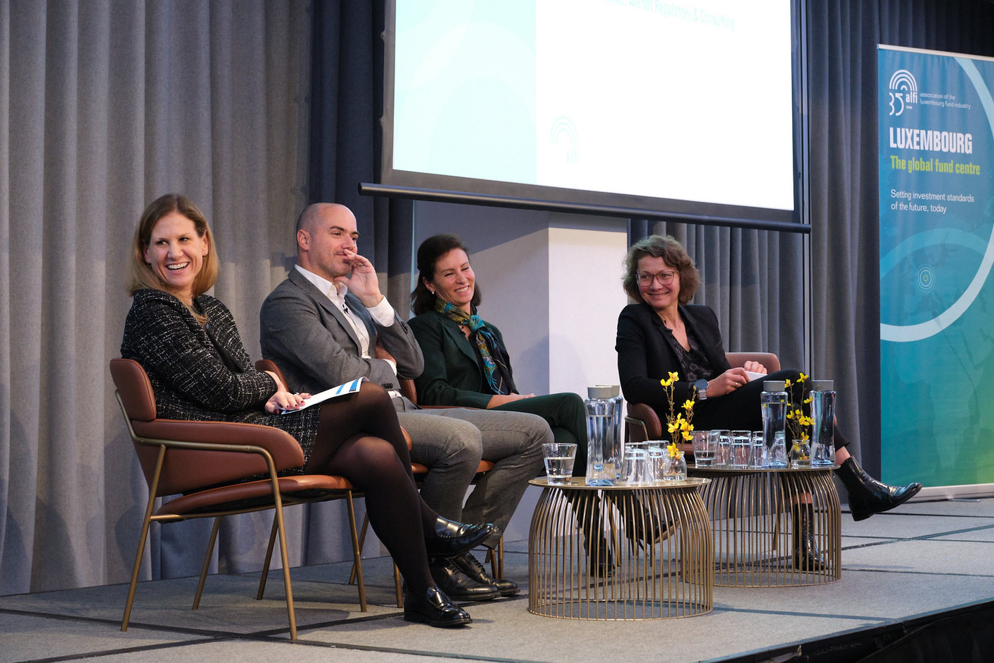 Elena Cardella, head of global fixed income investment specialists team at Amundi UK (second from right), Stephanie Lhomme, head of forensic investigations, corporate intelligence & litigation support Europe at Arendt & Regulatory Consulting (on right). Photo: ALFI