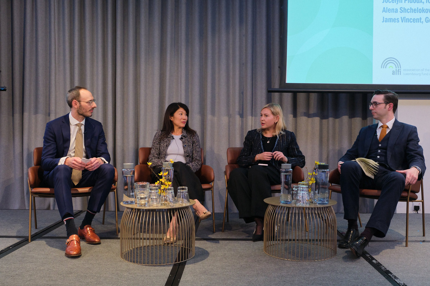 Raoul Heinen, partner at Linklaters (on left), Jocelyn Pidoux, managing director, product development & structuring at Icapital (second from left), on “The democratisation of private assets: is the phenomenon here to stay?” panel during Alfi’s London conference, 19 October 2023 Photo: ALFI