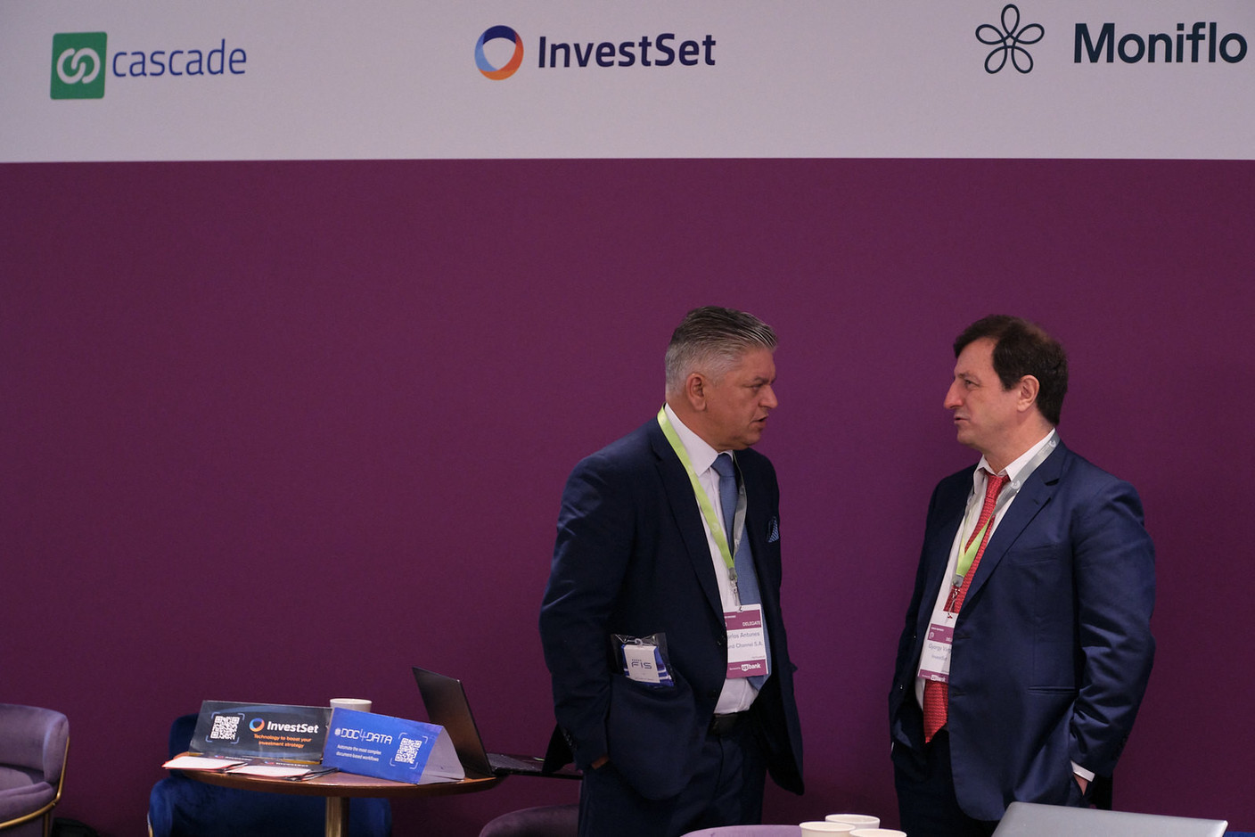 Carlos Antunes of Fund Channel and Gyorgy Varga of Investset seen at the Luxembourg House of Financial Technology stand during Alfi’s London conference, 19 October 2023. Photo: ALFI
