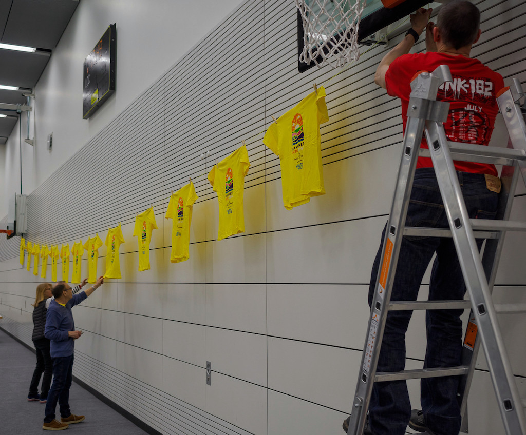 Volunteers hung Darkness Into Light t-shirts around the main venue, the Hall Omnisport in Clausen. DiL-Dalboyne