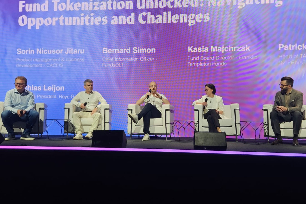 (l-r) Bernard Simon, chief information officer, FundsDLT; Patrick Hennes, head of transfer agency development and DLT, DZ Privatbank; Mathias Leijon, founder and president, Royc Group; Kasia Majchrzak, fund board director, Franklin Templeton Funds; and Sorin Nicusor Jitaru, product management and business development, Caceis, at the Nexus 2025 conference on 18 June 2025. Photo: Maison Moderne