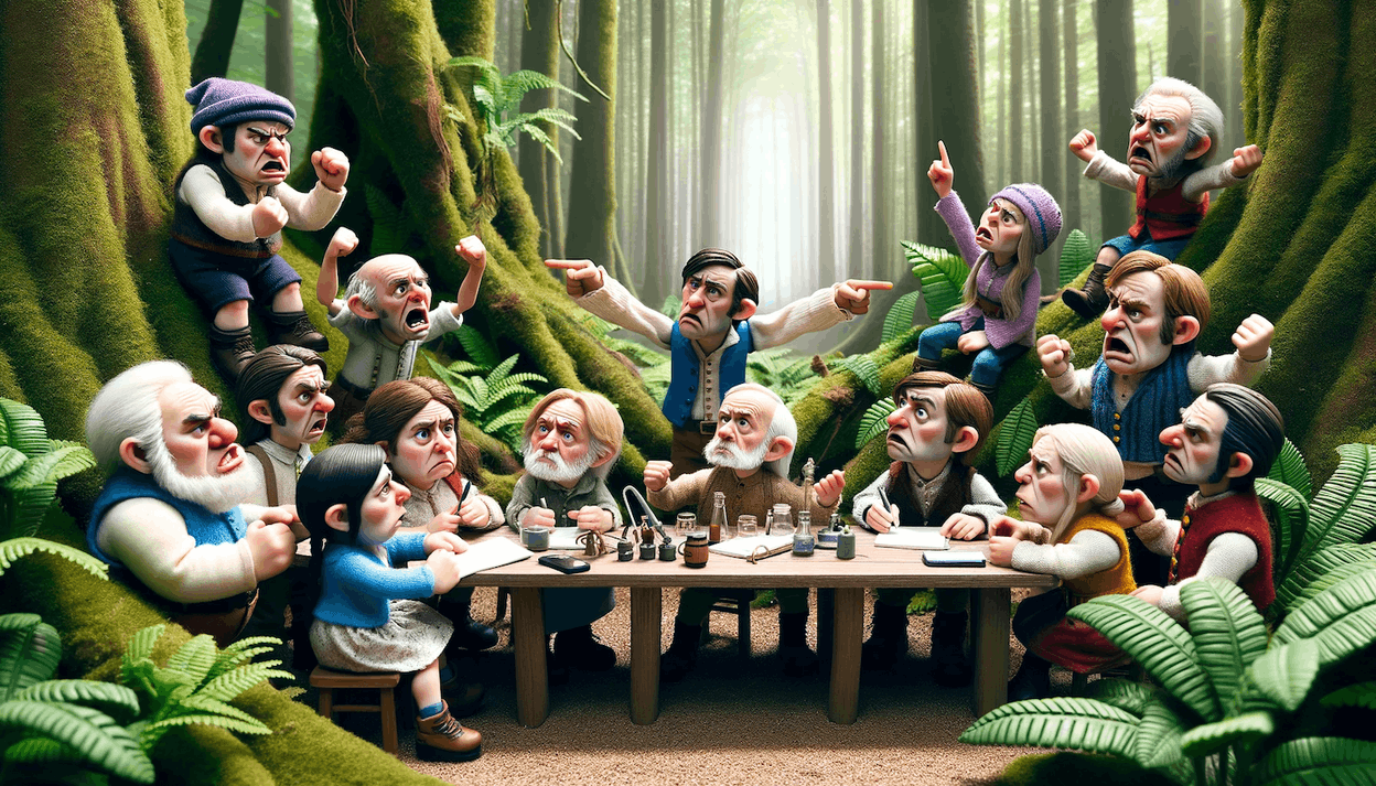 Dans une forêt préservée de toute technologie, les «grincheux» cherchent un plan de bataille pour arrêter le mouvement d’une intelligence artificielle presque aussi clivante que certains conflits. (Image générée par Dall-e via ChatGPT pour illustrer cette chronique)