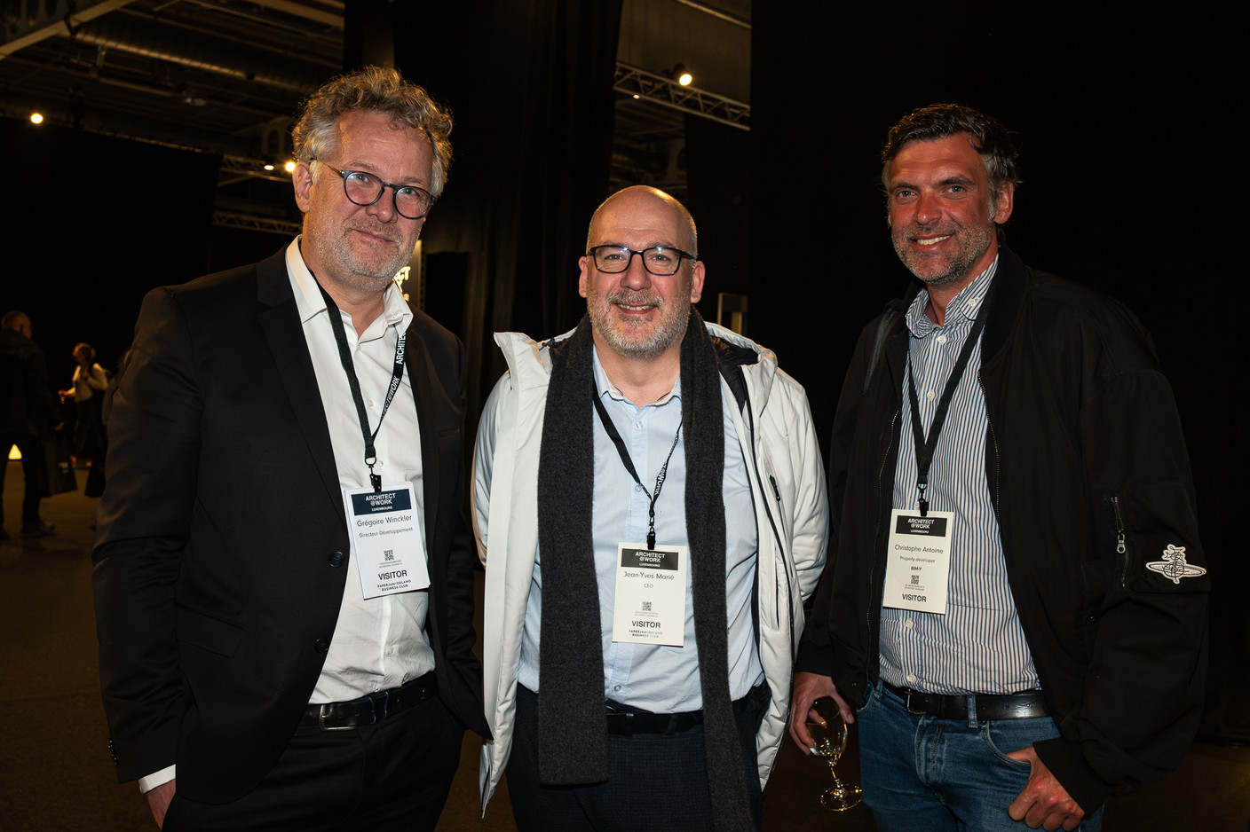 Grégoire Winckler (Besix Red Luxembourg), Jean-Yves Marié and Christophe Antoine (Bim-Y) at the 10x6 New European Bauhaus event organised by the Paperjam+Delano Business Club, 24 April 2024. Photo: Laurent Sturm