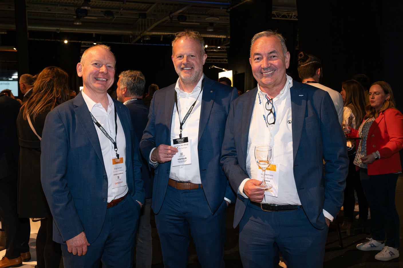 Serge Leclerc and Kurt Van Den Bergh (Reynaers Aluminium Belux) and Luc Hermans (Forster) at the 10x6 New European Bauhaus event organised by the Paperjam+Delano Business Club, 24 April 2024. Photo: Laurent Sturm
