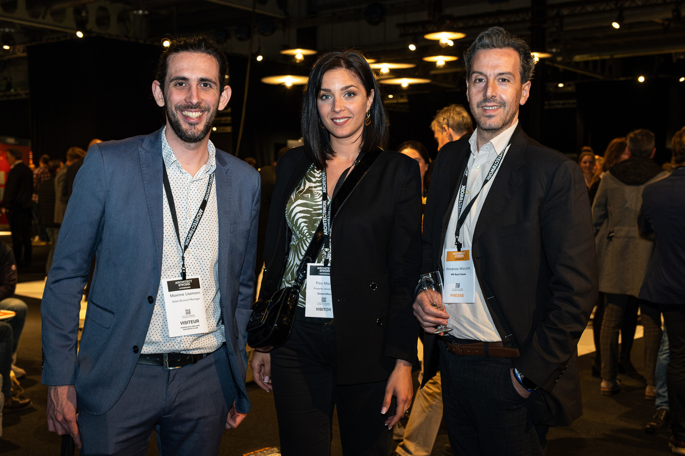 Maxime Lissmann (Buro Partner Luxembourg), Pisa Maud (Greenoffice) and Vincenzo Miccichè (VM Real Estate) at the 10x6 New European Bauhaus event organised by the Paperjam+Delano Business Club, 24 April 2024. Photo: Laurent Sturm