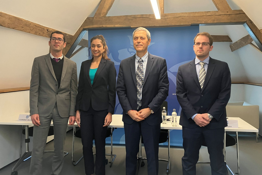 Members of the IMF mission to Luxembourg gave a press conference on 10 March 2023. From left to right: Tarak Jardak, Tara Iyer, Emil Stavrev, Michele Fornino. Photo: Maison Moderne