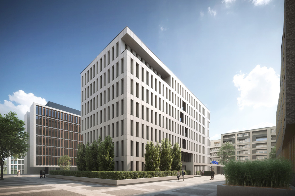 L’entrée principale de l’immeuble se fait par une esplanade commune aux différents immeubles de l’îlot. (Illustration : SchemelWirtz Architectes Associés)