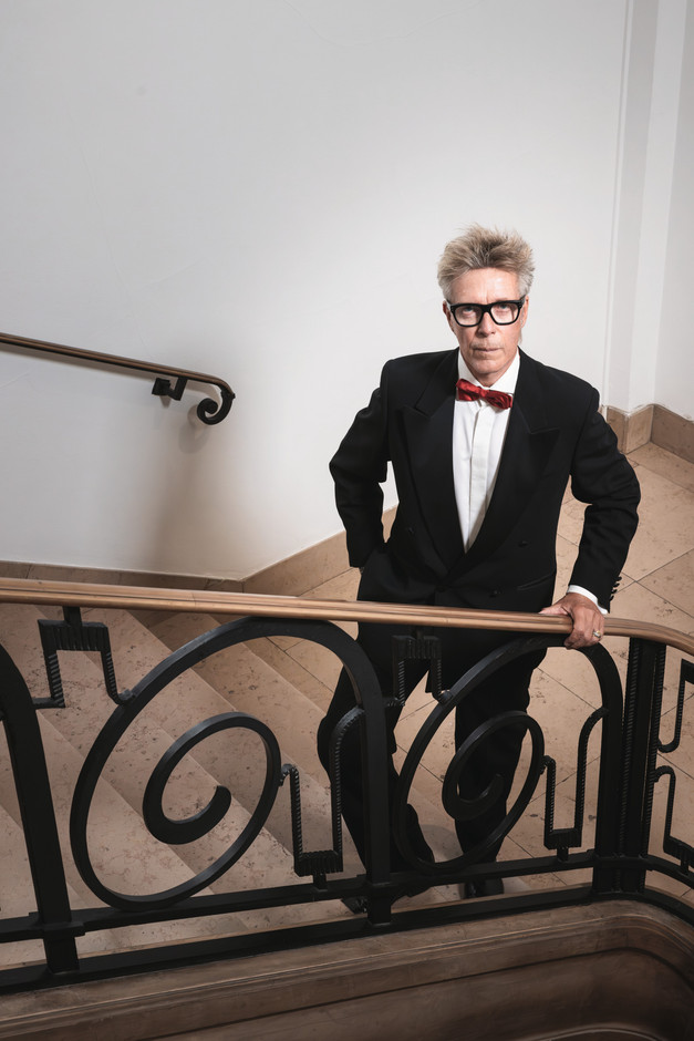 Fariani black suit; Lardini red bow for the "pep" factor; J.M Weston patent black richelieu shoes.  (Photo: Julian Pierrot/Paperjam)