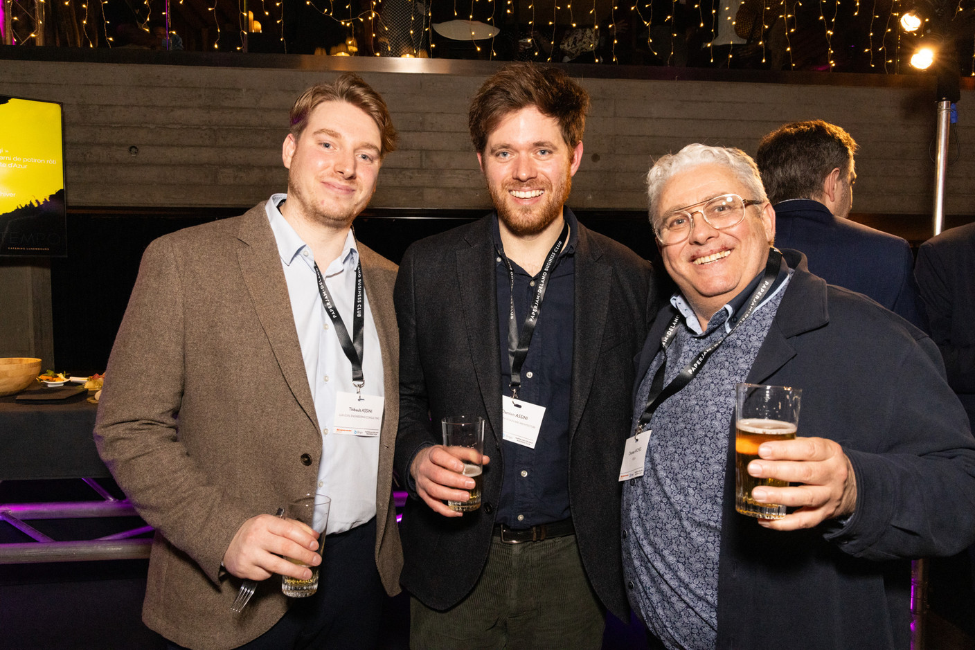 Thibault Assini (Lux-Civil Engineering Consulting), Damien Assini (Damien Assini Design and Architecture) and Christian Michel (Visua) at the Paperjam+Delano Business Club’s CEOs- and entrepreneurs-only cocktail, 8 February 2024. Photo: Eva Krins / Maison Moderne