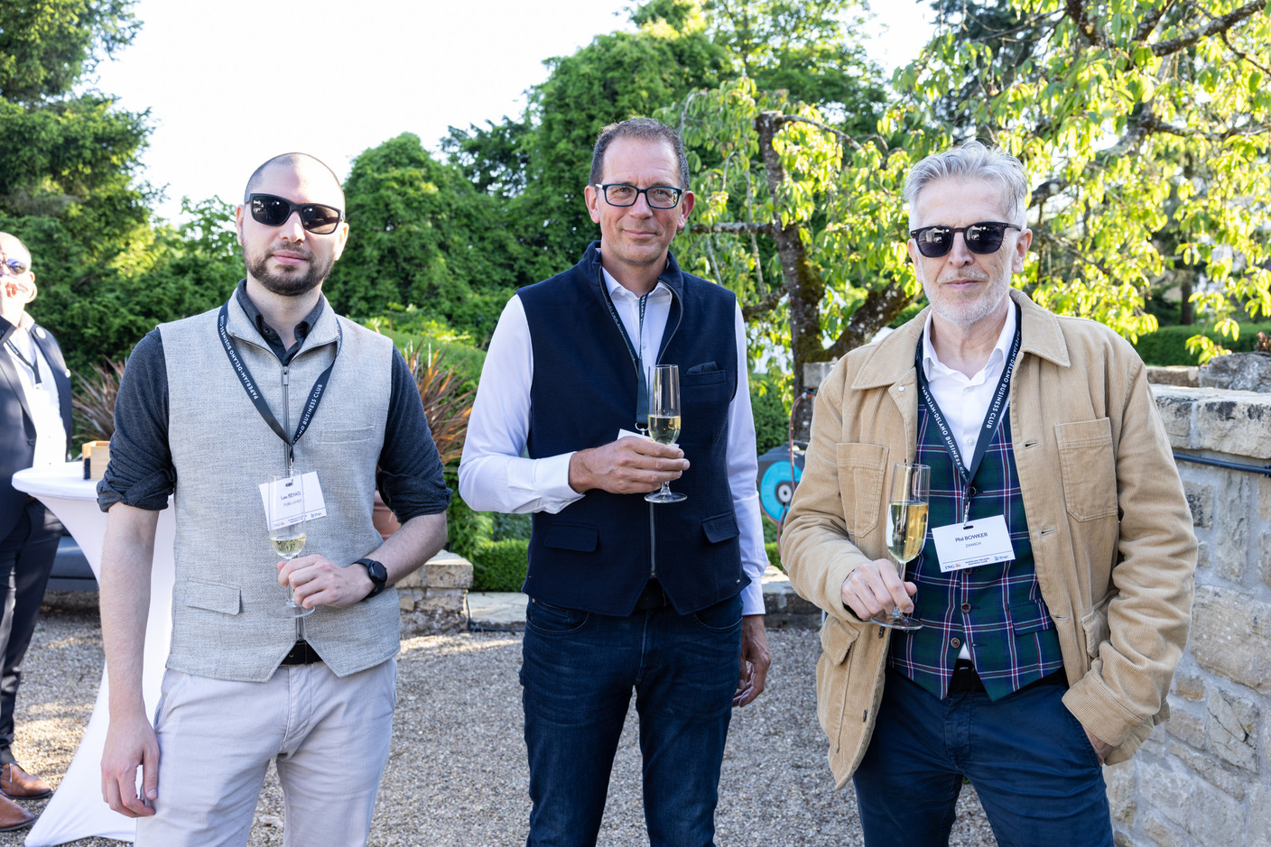 Léo Benkel (Pure Lambda), Filip Wittevrongel (S-Partners) and Phil Bowker (Zawich) at the CEOs- and Entrepreneurs-Only Cocktail organised by the Paperjam+Delano Business Club, 6 June 2024. Photo: Eva Krins/Maison Moderne