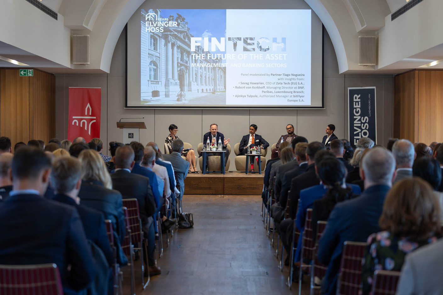 L to r: Sophie Dupin (Elvinger Hoss Prussen), Robert van Kerkhoff (BNP Paribas Luxembourg), Ajinkya Tulpule (Bitflyer), Sevag Hawarian (Zota Tech) and Tiago Nogueira (Elvinger Hoss Prussen) discussed the role of fintech in the asset management sector during Elvinger’s inaugural fintech conference held at the Spuerkeess, 17 September 2024. Photo: Elvinger Hoss Prussen