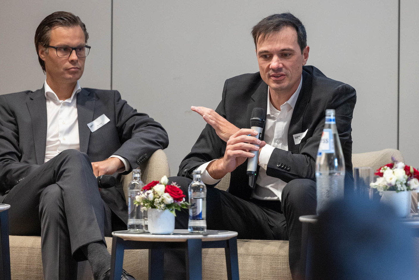 Kaj Larsén (general counsel and member of the executive management committee at Advanzia Bank) and Christophe Medinger (deputy head of business unit digitalisation at Spuerkeess) at Elvinger Hoss Prussen’s inaugural fintech conference, held at the Spuerkeess, 17 September 2024. Photo: Elvinger Hoss Prussen