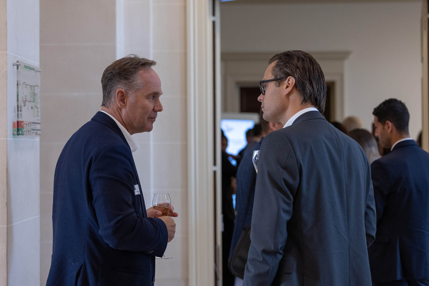 Robert van Kerkhoff (managing director at BNP Paribas, Luxembourg branch) and Kaj Larsén (general counsel and member of the executive management committee at Advanzia Bank) at Elvinger Hoss Prussen’s inaugural fintech conference, held at the Spuerkeess on 17 September 2024. Photo: Elvinger Hoss Prussen