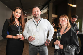 Nicole Kirsch, Guy Kirsch and Christine Feck (Kirsch) at the 10x6 event “Entrepreneurship: Lessons learned,” organised by the Paperjam+Delano Business Club at Kinepolis Kirchberg, 21 May 2024. Photo: Marie Russillo/Maison Moderne