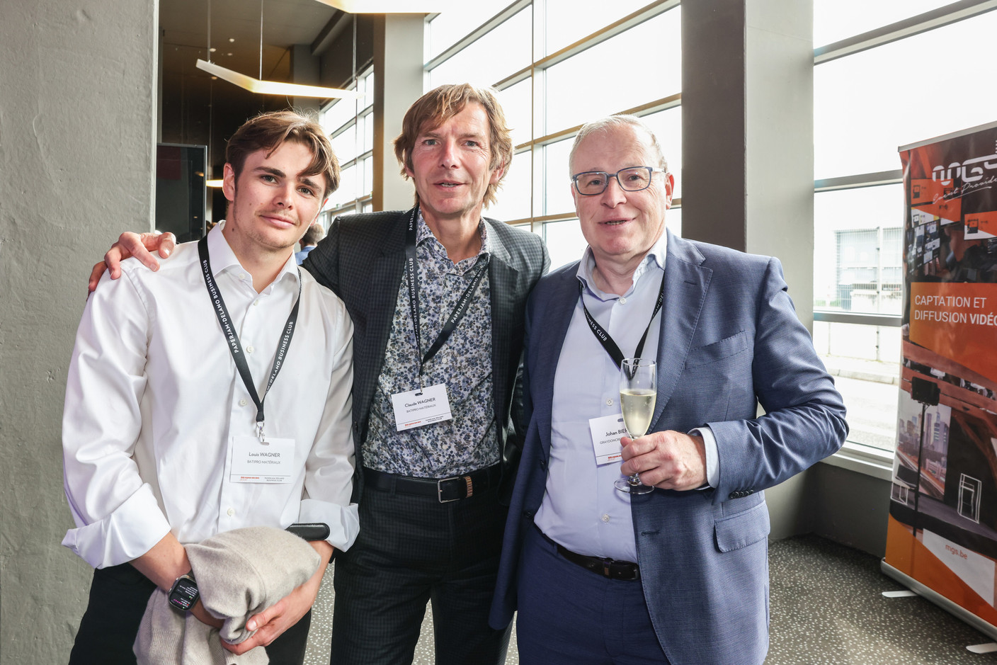Louis Wagner and Claude Wagner (Batipro Matériaux) and Johan Bierebeeck (GraydonCreditSafe) at the 10x6 event “Entrepreneurship: Lessons learned,” organised by the Paperjam+Delano Business Club at Kinepolis Kirchberg, 21 May 2024. Photo: Marie Russillo/Maison Moderne