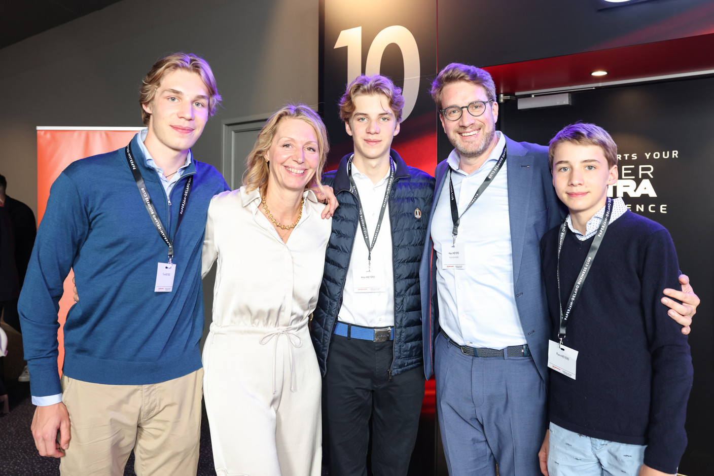Tim Meyers, Florence Bastin (Flux Advisors), Milo Meyers, Marc Meyers (Flux Advisors) and Flynn Meyers at the 10x6 event “Entrepreneurship: Lessons learned,” organised by the Paperjam+Delano Business Club at Kinepolis Kirchberg, 21 May 2024. Photo: Marie Russillo/Maison Moderne
