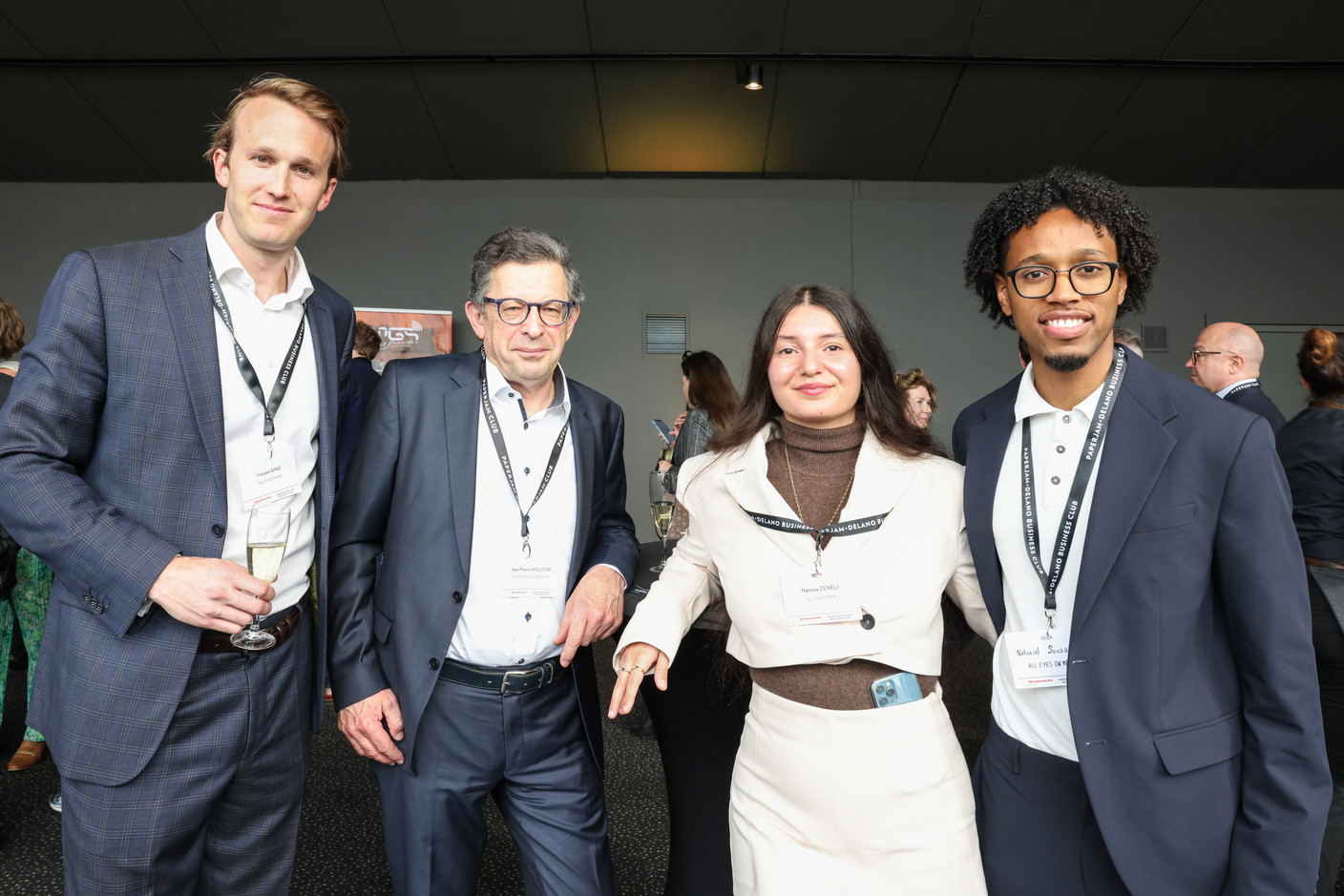 Vincent King (All Eyes On Me), Jean-Pierre Molitor (Chemverde Consulting), Nanissa Zeneli and Nataniel Sousa (All Eyes On Me) at the 10x6 event “Entrepreneurship: Lessons learned,” organised by the Paperjam+Delano Business Club at Kinepolis Kirchberg, 21 May 2024. Photo: Marie Russillo/Maison Moderne
