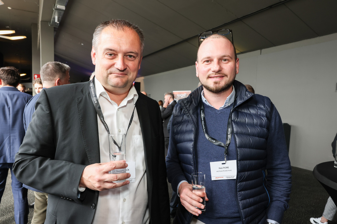 Paul Schaack and Nick Fiore (Mutualité des P.M.E.) at the 10x6 event “Entrepreneurship: Lessons learned,” organised by the Paperjam+Delano Business Club at Kinepolis Kirchberg, 21 May 2024. Photo: Marie Russillo/Maison Moderne