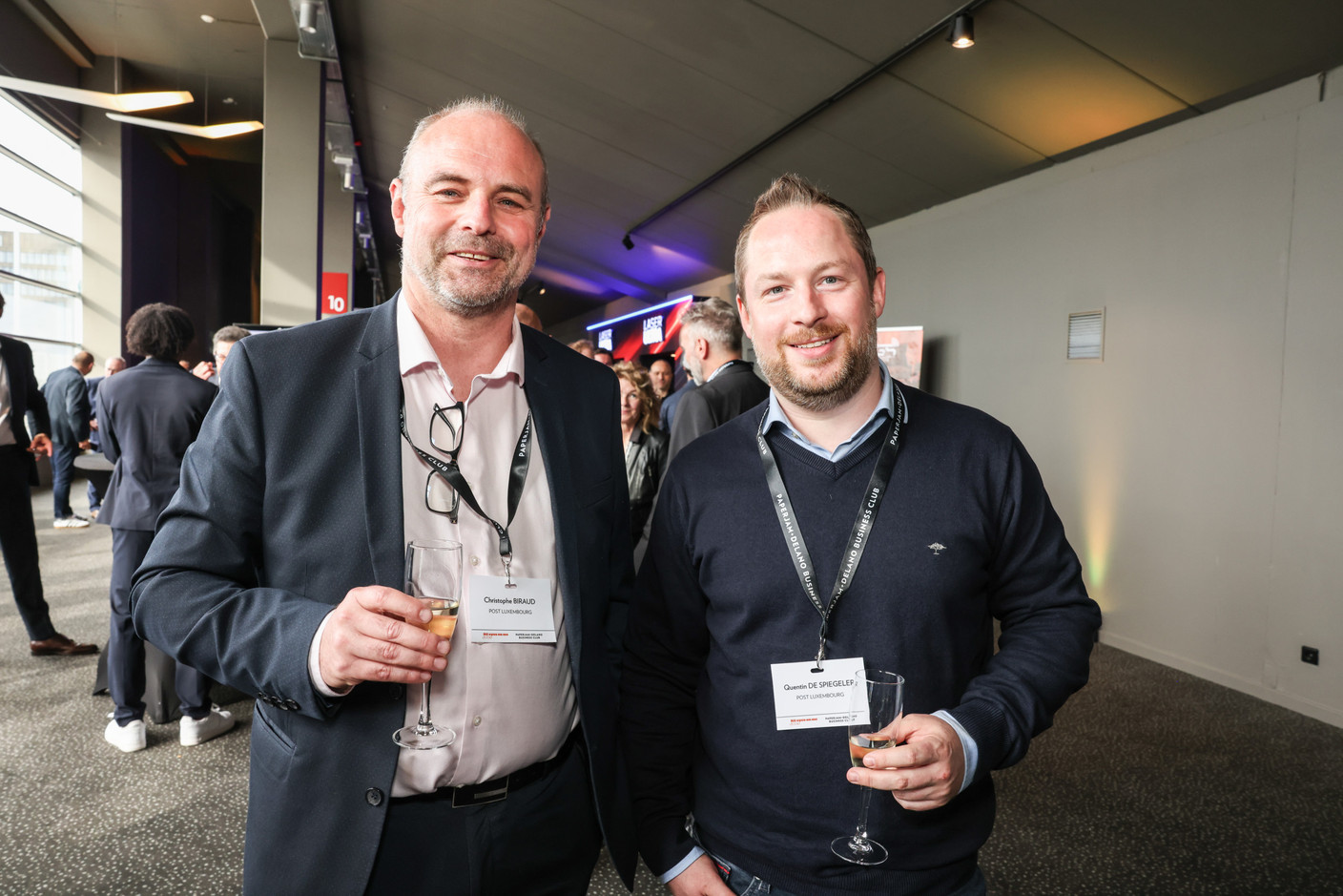 Christophe Biraud and Quentin De Spiegeler (Post Luxembourg) at the 10x6 event “Entrepreneurship: Lessons learned,” organised by the Paperjam+Delano Business Club at Kinepolis Kirchberg, 21 May 2024. Photo: Marie Russillo/Maison Moderne