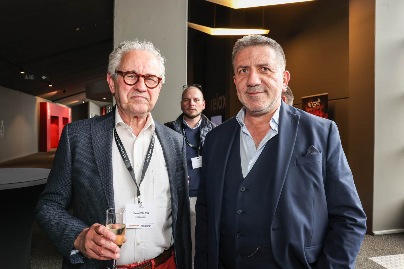 Denis Fellens (InterLycées) and Thierry Labro (Paperjam) at the 10x6 event “Entrepreneurship: Lessons learned,” organised by the Paperjam+Delano Business Club at Kinepolis Kirchberg, 21 May 2024. Photo: Marie Russillo/Maison Moderne