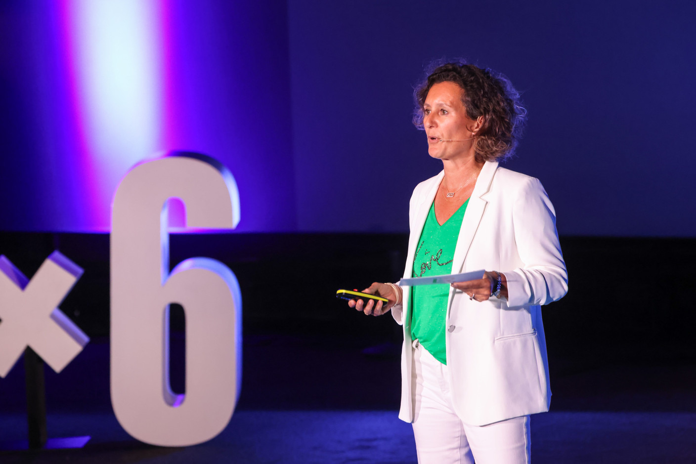 Sandrine Lapointe (LuxRelo) at the 10x6 event “Entrepreneurship: Lessons learned,” organised by the Paperjam+Delano Business Club at Kinepolis Kirchberg, 21 May 2024. Photo: Marie Russillo/Maison Moderne