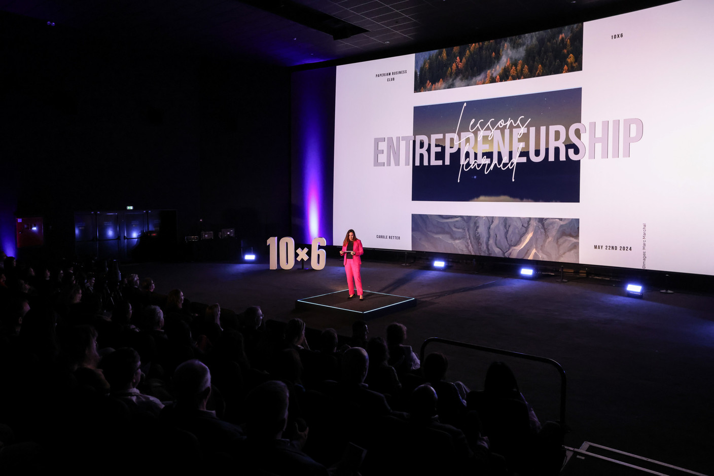 Carole Retter (Moskito) at the 10x6 event “Entrepreneurship: Lessons learned,” organised by the Paperjam+Delano Business Club at Kinepolis Kirchberg, 21 May 2024. Photo: Marie Russillo/Maison Moderne