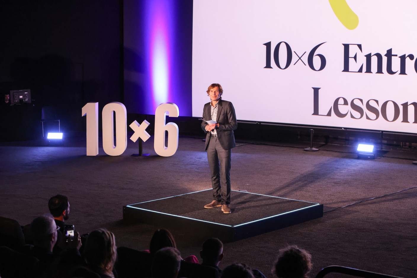 Claude Wagner (Batipro Matériaux) at the 10x6 event “Entrepreneurship: Lessons learned,” organised by the Paperjam+Delano Business Club at Kinepolis Kirchberg, 21 May 2024. Photo: Marie Russillo/Maison Moderne