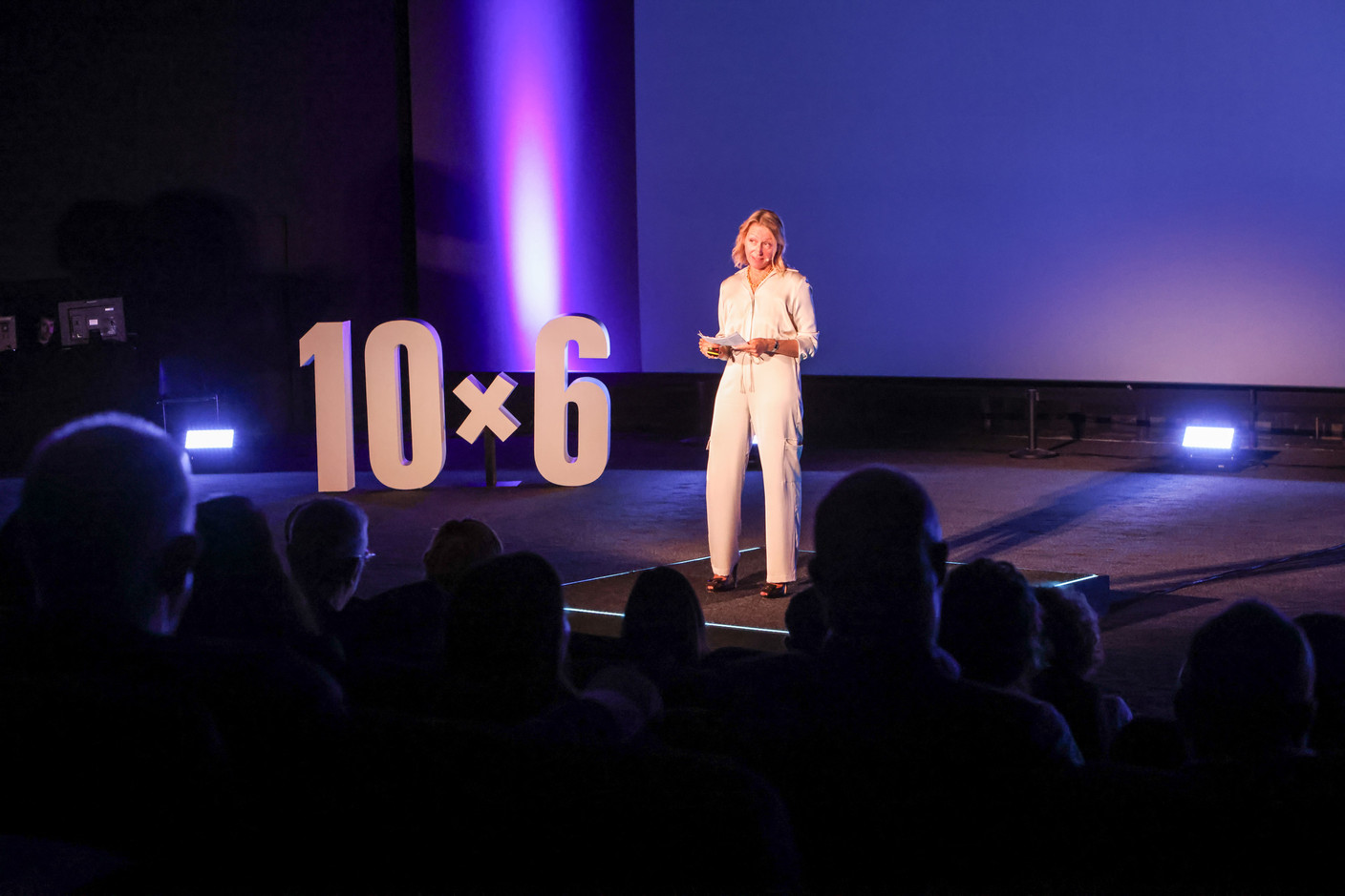 Florence Bastin (Flux Advisors) at the 10x6 event “Entrepreneurship: Lessons learned,” organised by the Paperjam+Delano Business Club at Kinepolis Kirchberg, 21 May 2024. Photo: Marie Russillo/Maison Moderne