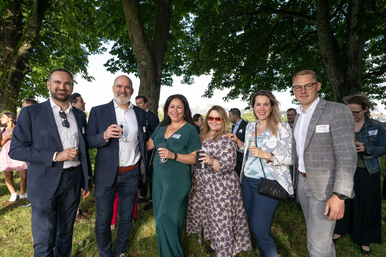 Marco Cipolla (TMF Group), Neil Scoble & Acia Baghdadi (Cascade), Evi Gkini (LPEA), Sotiria Kampyl & Evaldas Skikas (Langham Hall) at the Luxembourg Private Equity & Venture Capital Association’s summer party, 4 July 2024. Photo: Nader Ghavami/LPEA