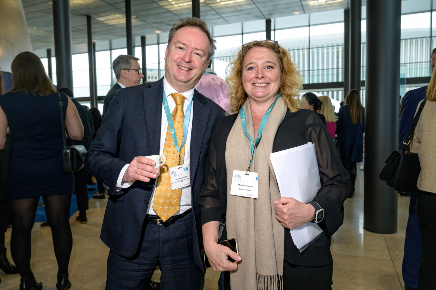 Vincent Lagrange (Carne Global Financial Services Luxembourg) and Marlène Valentin (Banque Heritage) at the Alfi Global Asset Management Conference in Kirchberg, 26 March 2025. Photo: Nader Ghavami