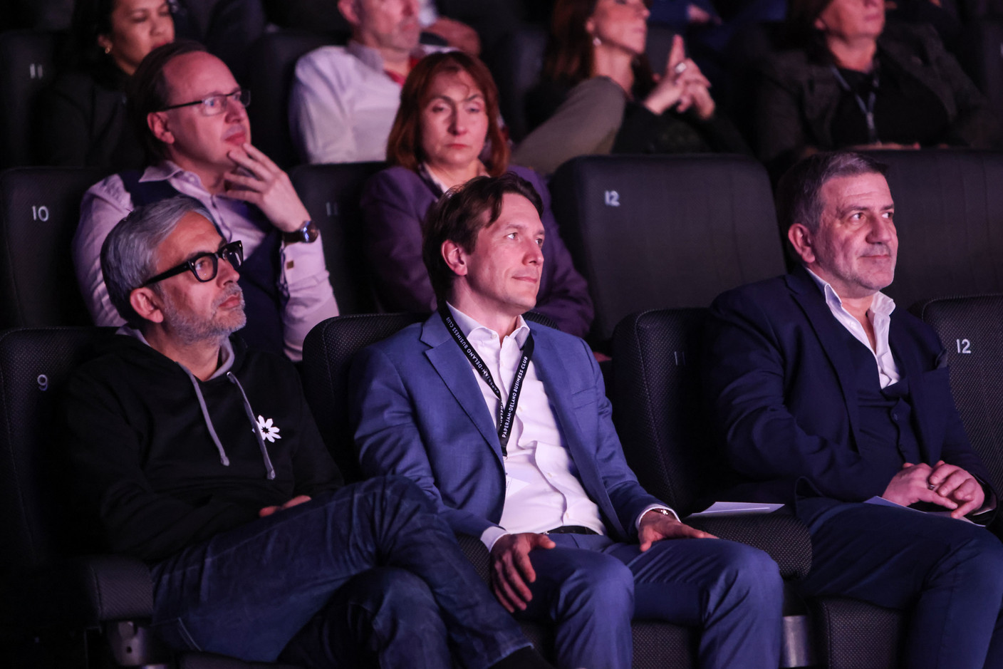 Mike Koedinger (Maison Moderne), Jean-Paul Olinger (UEL - Union des entreprises luxembourgeoises) and Thierry Labro (Paperjam) at the Paperjam+Delano Business Club’s 10x6 event on CIO challenges, 26 March 2024. Photo: Marie Russillo/Maison Moderne