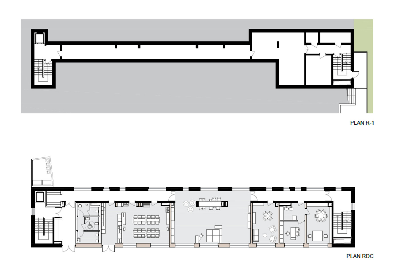 Plans of the ground and first floors of the Haus Konterbont children’s care centre. Illustration: BENG Architectes-Associés