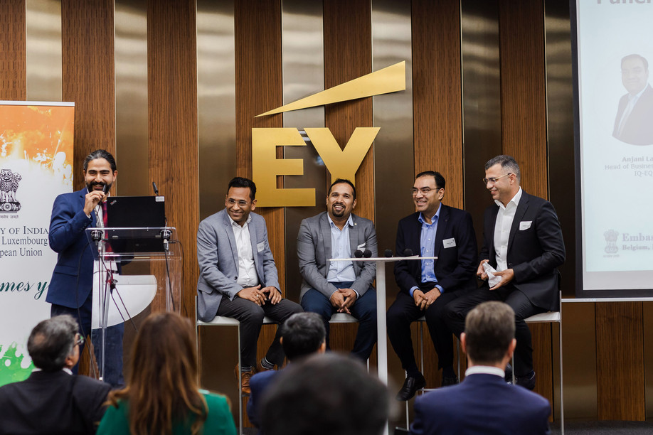 (l-r) Akash Sharma, Senior Manager, EY Luxembourg; Manoj Kumar, CIO, Aperam; Pranjul Shah, University of Luxembourg; Anjani Ladia, head of busines control, IQ-EQ; and Lokdeep Singh, CEO, Talkwalker, during the panel discussion on Tuesday in an event organised by IBCL. Photo:  Marcela Hernoux dos Santos