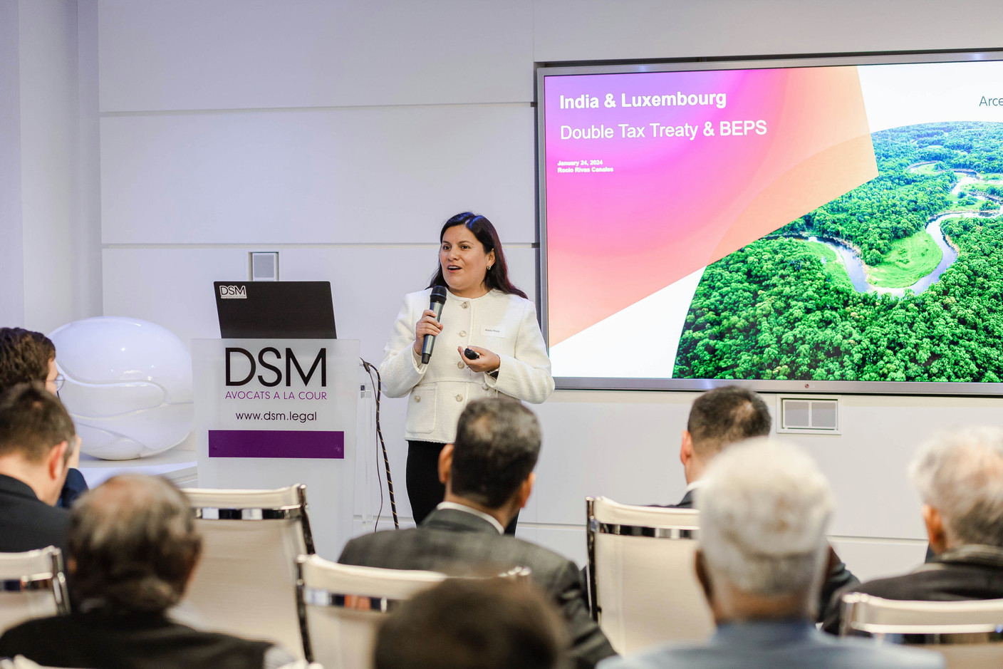 Rocio Rivas, from ArcelorMittal, speaking at the India-Luxembourg cross-border financing event on 24 January 2024. Photo: Marcela Hernoux / IBCL
