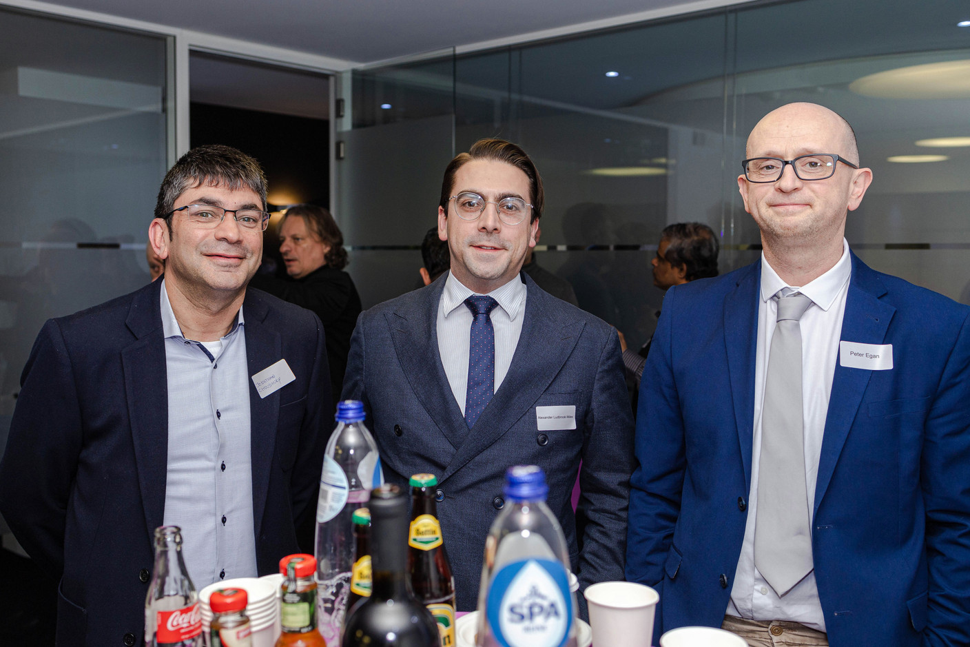 Jonathan Choudhary, Alexander Ludbrook-Miles and Peter Egan during the networking session at India-Luxembourg cross-border financing event, 24 January 2024.  Photo: Marcela Hernoux / IBCL
