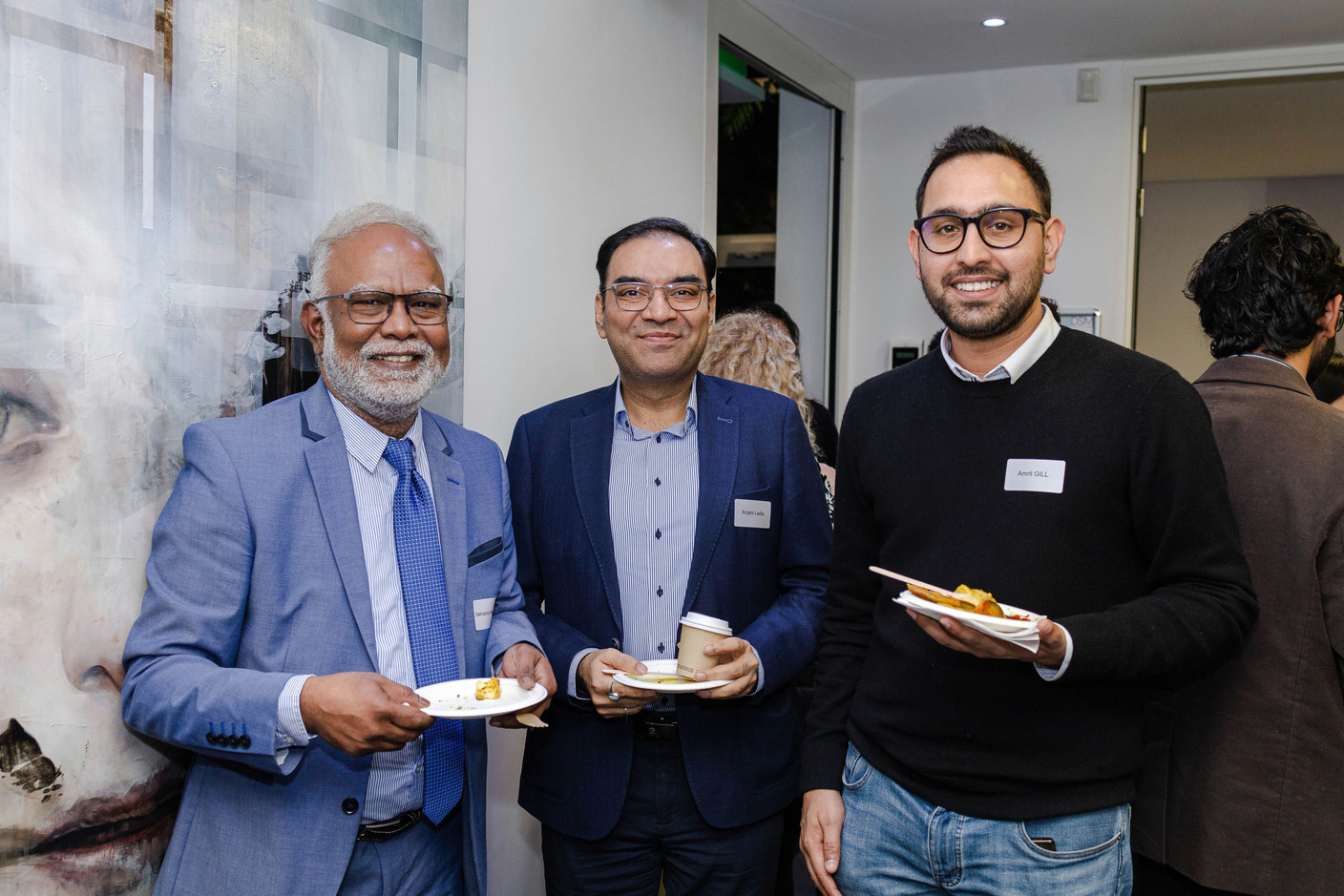 Selvaraj Alagumalai, Anjani Ladia and Amrit Gill during the networking session at India-Luxembourg cross-border financing event, 24 January 2024.  Photo: Marcela Hernoux / IBCL
