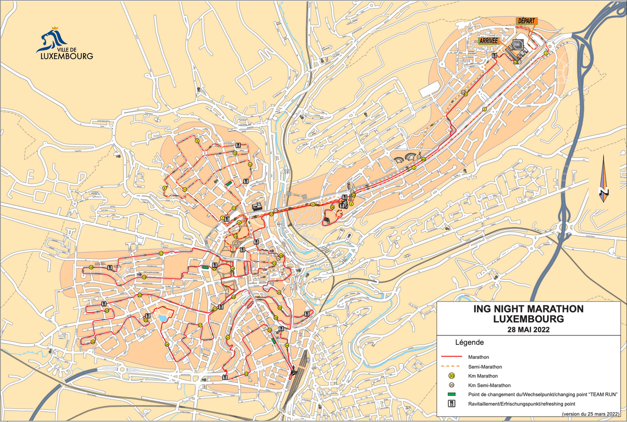 The full marathon will take up around 42km of Luxembourg’s streets in the evening.  Ville de Luxembourg