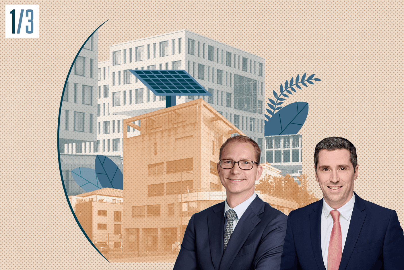 Vincent Van Bree, Head of Capital Markets Luxembourg et Sébastien Giordano, Head of Project & Development Services Belux au sein de JLL Luxembourg présentent l’expertise de JLL dans la décarbonation.   Crédit Illustration : Maison Moderne et Photo : JLL