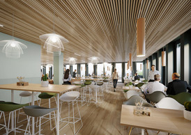 Les salariés de la banque bénéficieront d’un espace de restauration au sein de l’immeuble. (Illustration: Moreno Architecture & Associés)