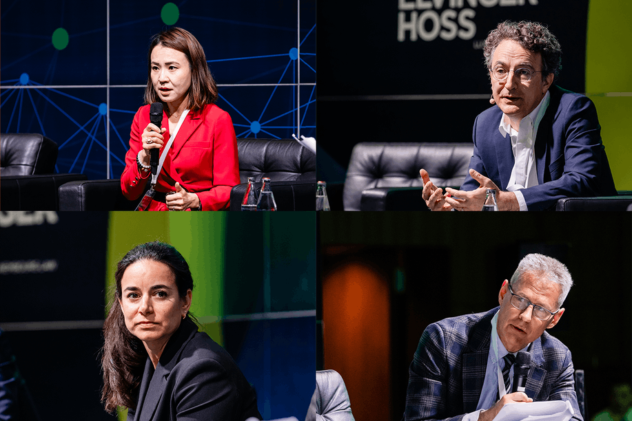 Delano attended a panel discussion called “The risks ahead: how is geopolitical volatility impacting decision-making?” during the Cross-Border Distribution Conference, organised by Deloitte and Elvinger Hoss Prussen at the European Convention Center in Kirchberg, 16 May 2024. Pictured left to right, top to bottom: Jian (Helen) Liang (Banque Internationale à Luxembourg), Yves Choueifaty, (Tobam), Rachel Gangji (Eurasia Group) and Yuri Bender (Financial Times). Photo: Deloitte. Montage: Maison Moderne