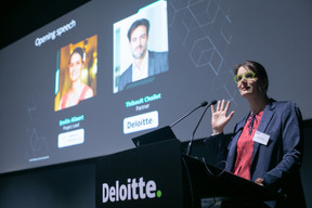 Emilie Allaert of the Luxembourg Blockchain & DLT Association is seen speaking during Deloitte’s digital assets conference, 20 April 2023. Photo: Matic Zorman / Maison Moderne